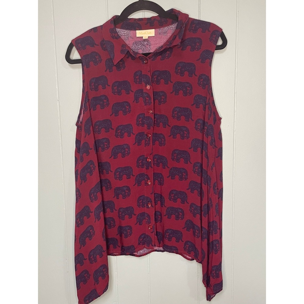 ModCloth 1X Burgundy Elephant Print Cold Shoulder Collared Button Up Blouse Top